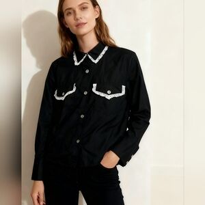 Sim & Sam Black Button-Up Shirt Size L White Lace Trim Collared Blouse